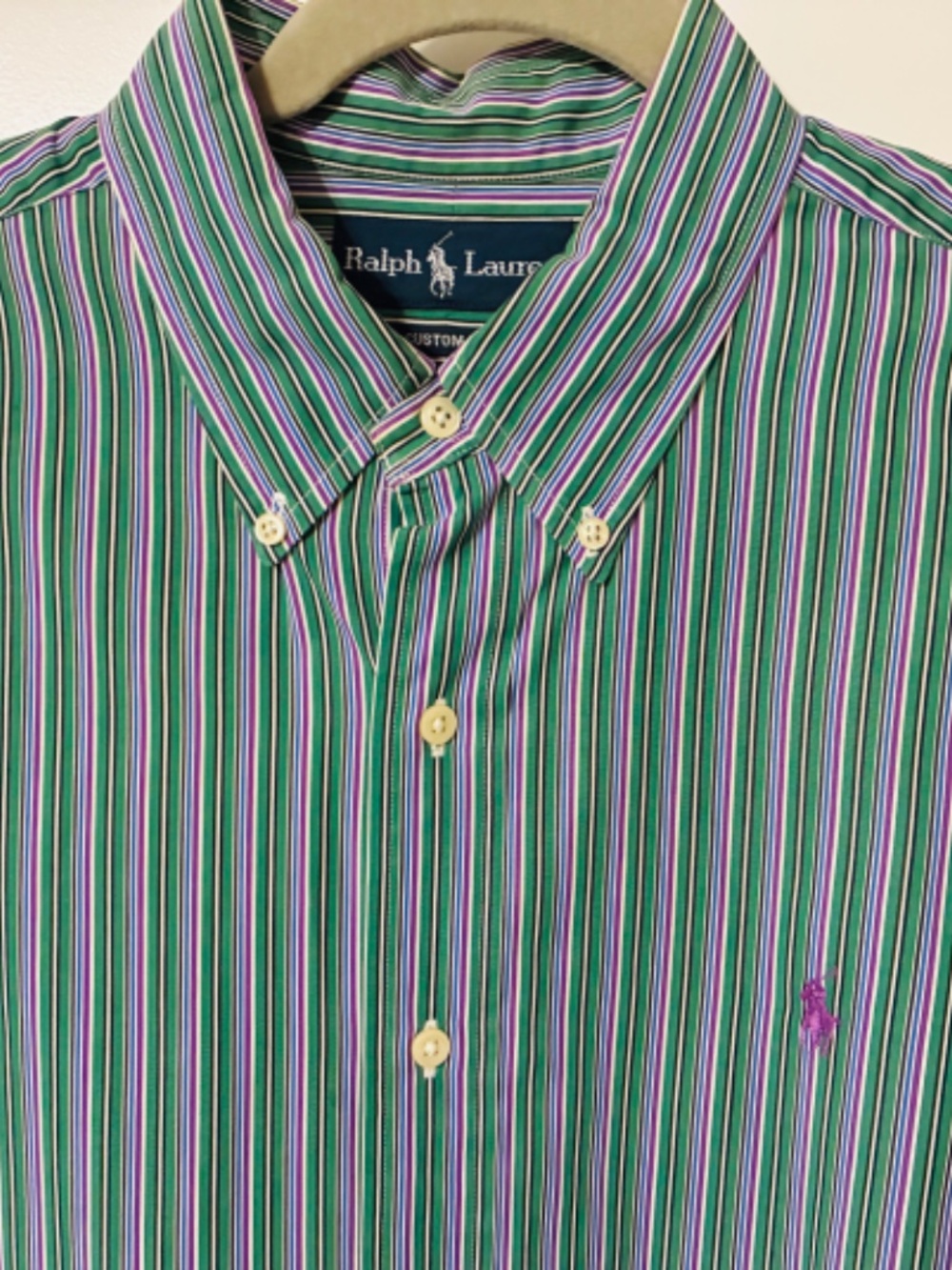 RALPH LAUREN MENS CASUAL SHIRT SZ L GREEN/PINK STRIPED L/SLVE 100% COTTON CUSTOM
